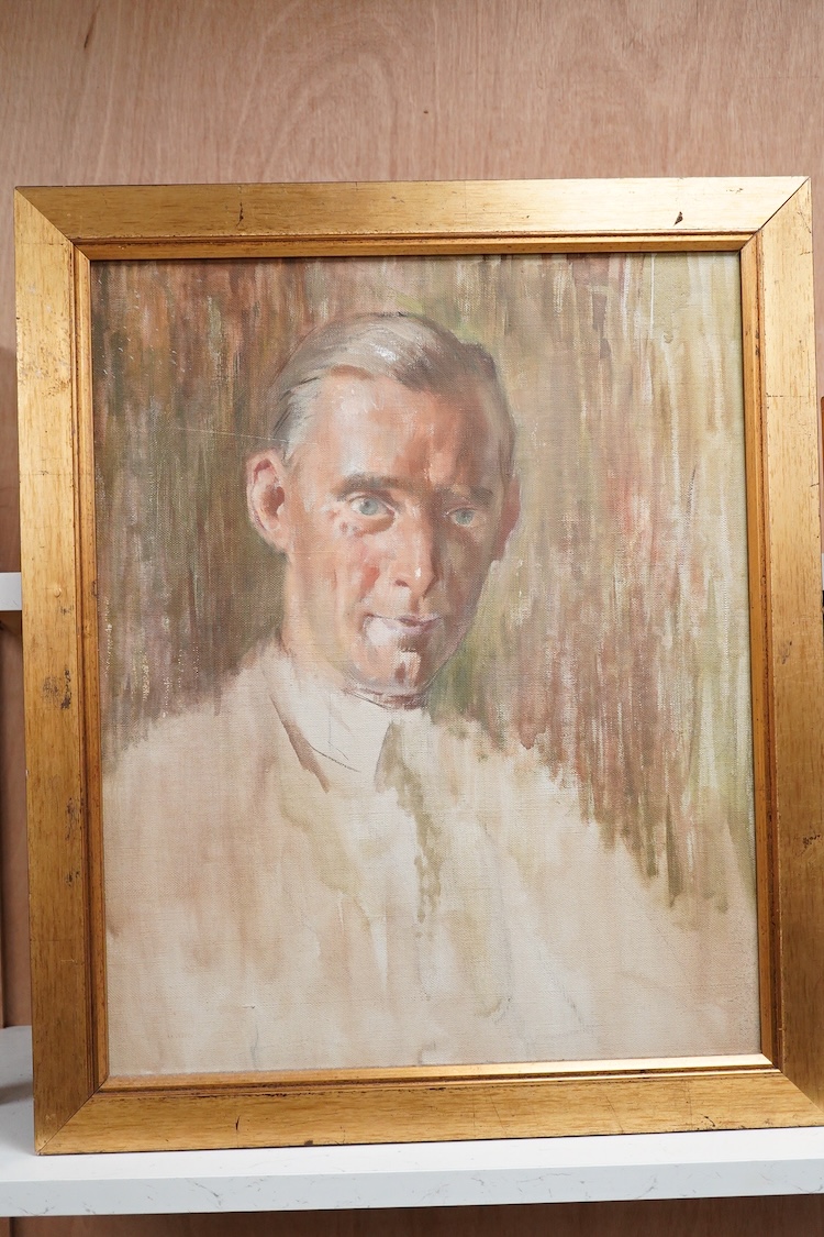 Bernard Fleetwood-Walker (1893-1965), Portrait of a gentleman, oil on canvas board, together with two watercolour studies of ladies, each signed, largest 53 x 42cm